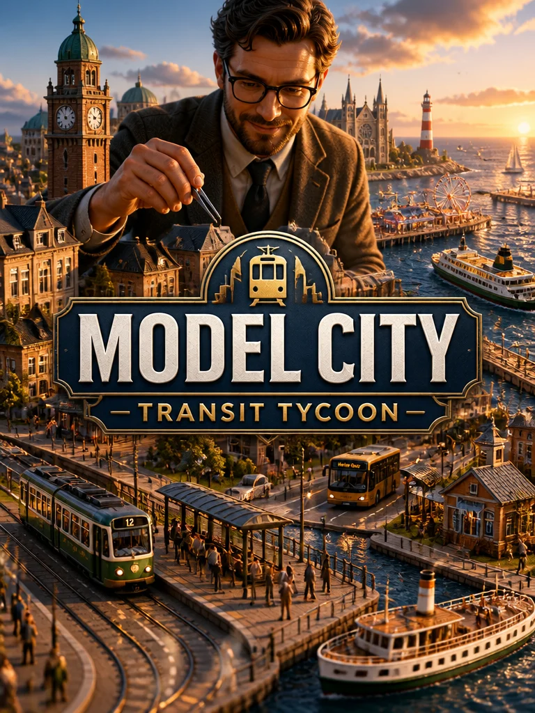 Golden-hour tilt-shift city with live trams and a working station clock